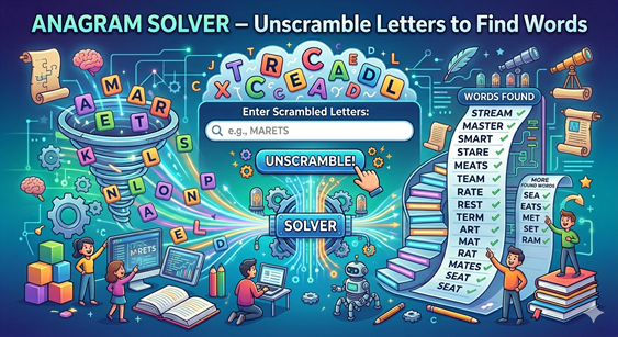 Anagram Solver — Unscramble Letters to Find Words. Letters swirling into a solver interface showing words found: STREAM, MASTER, SMART, STARE, MEATS, TEAM, RATE, REST, TERM, ART, MAT, RAT, MATES, SEAT