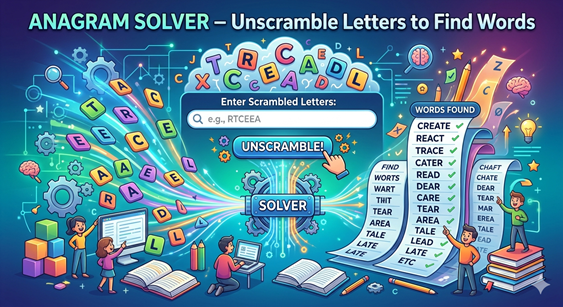 Anagram Solver tool interface showing scrambled letters RTCEEA being unscrambled to find words: CREATE, REACT, TRACE, CATER, READ, DEAR, CARE, TEAR, AREA, TALE, LEAD, LATE — free word unscrambler