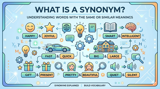 What is a Synonym? Illustrated infographic showing synonym pairs: Happy and Joyful, Fast and Quick, Big and Large, Gift and Present, Pretty and Beautiful, Quiet and Silent