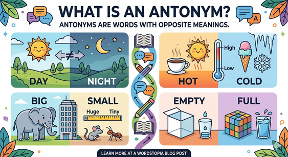 What is an Antonym? Illustrated chart showing opposite word pairs: Day vs Night, Hot vs Cold, Big vs Small, Empty vs Full