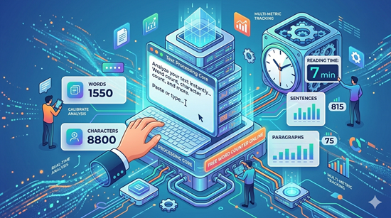 Word counter online tool dashboard showing real-time metrics: 1550 words, 8800 characters, 7 min reading time, 815 sentences, 75 paragraphs — free word counter online