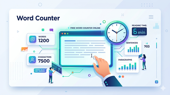 Word Counter tool showing 1200 words, 7500 characters, 6 min reading time, 703 sentences and paragraph metrics on screen