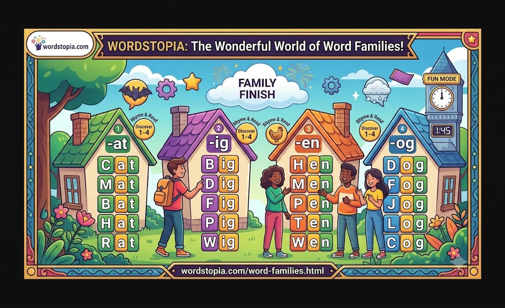 Wordstopia Word Families — four colourful houses each showing a word family: -at (Cat, Mat, Bat, Hat, Rat), -ig (Big, Dig, Fig, Pig, Wig), -en (Hen, Men, Pen, Ten), -og (Dog, Fog, Jog, Log, Cog) — free word family list and worksheets for kids