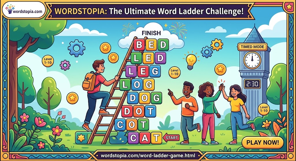 Wordstopia Word Ladder Game — players climbing a ladder of words from CAT to BED, changing one letter at a time: CAT, COT, DOT, DOG, LOG, LEG, LED, BED — free online word chain puzzle with timed mode and 10 difficulty levels