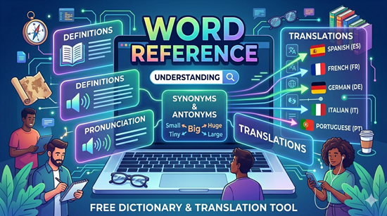 Word Reference tool infographic showing definitions, pronunciation, synonyms and antonyms, and translations into Spanish, French, German, Italian and Portuguese — free dictionary and translation tool