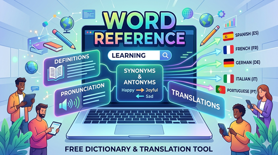 Free word reference dictionary tool showing a word lookup with definitions, synonyms and antonyms (Happy to Joyful, Sad), pronunciation, and translations into Spanish, French, German, Italian and Portuguese