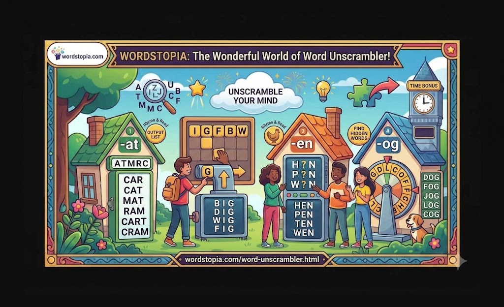 Wordstopia Word Unscrambler — scrambled letters ATMRC being unscrambled to find words CAR, CAT, MAT, RAM, CART, CRAM, plus word pattern houses showing -at, -ig, -en, -og families and hidden word finder — free word unscrambler tool